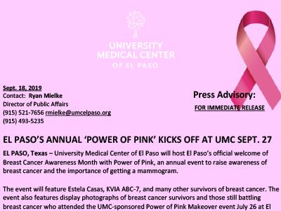El Paso's Annual Power of Pink Kickoff Event Set For Sept. 27 at UMC